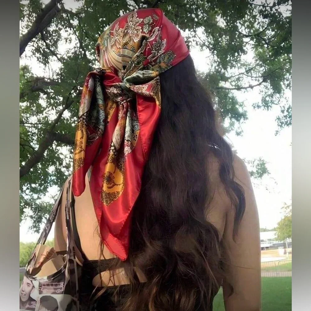 Boho Red Floral Paisley Silk Headscarf